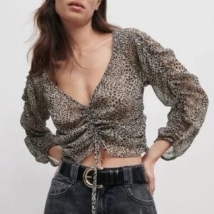 Zara Sheer Animal Print Rouched V-Neck Long Sleeve Brown Blouse Top Size Small